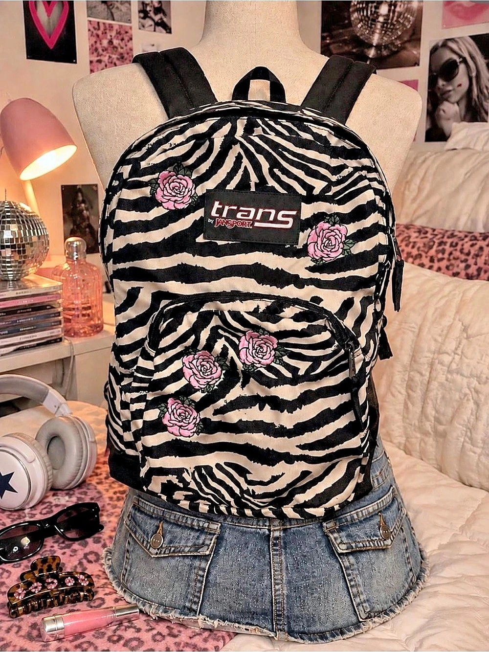 Trans by JanSport Zebra Rose Backpack Y2K Vintage Pink Floral Overt Retro Rare